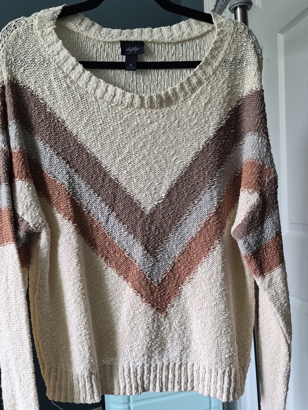 Daytrip Cream Chevron Sweater with Taupe, Gray & Rust Stripes Sz M